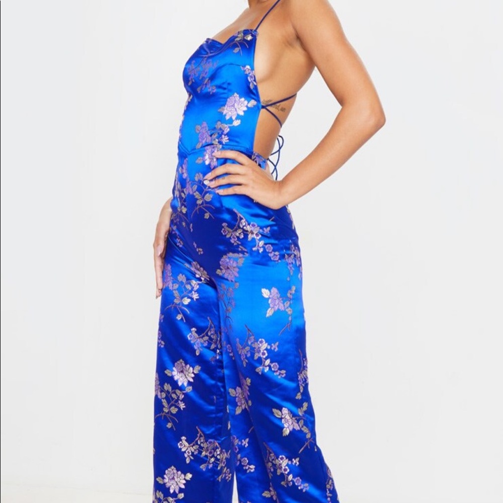 Cobalt Oriental Satin Lace Up Back Jumpsuit